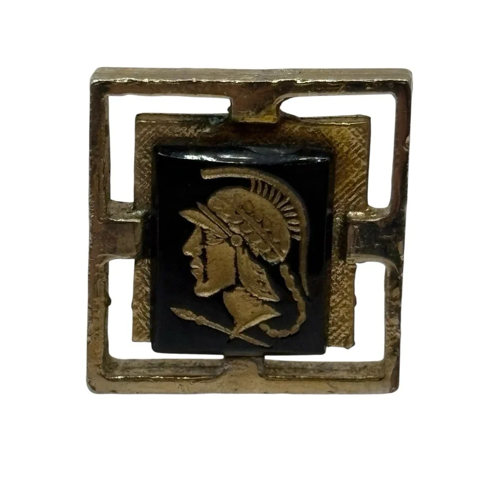 Vintage Cufflinks Roman Trojan Greek‎ Soldier Gold Tone Black Center Open Frame